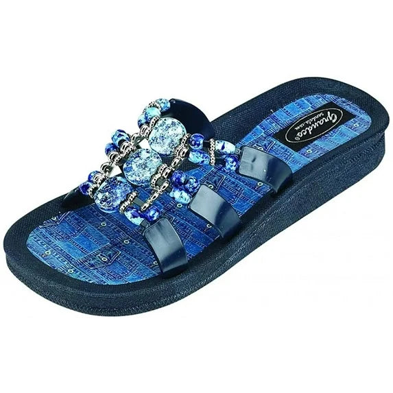 Grandco Sandals Women's Denim Slide Jeweled Beaded Flip Flops, Blue